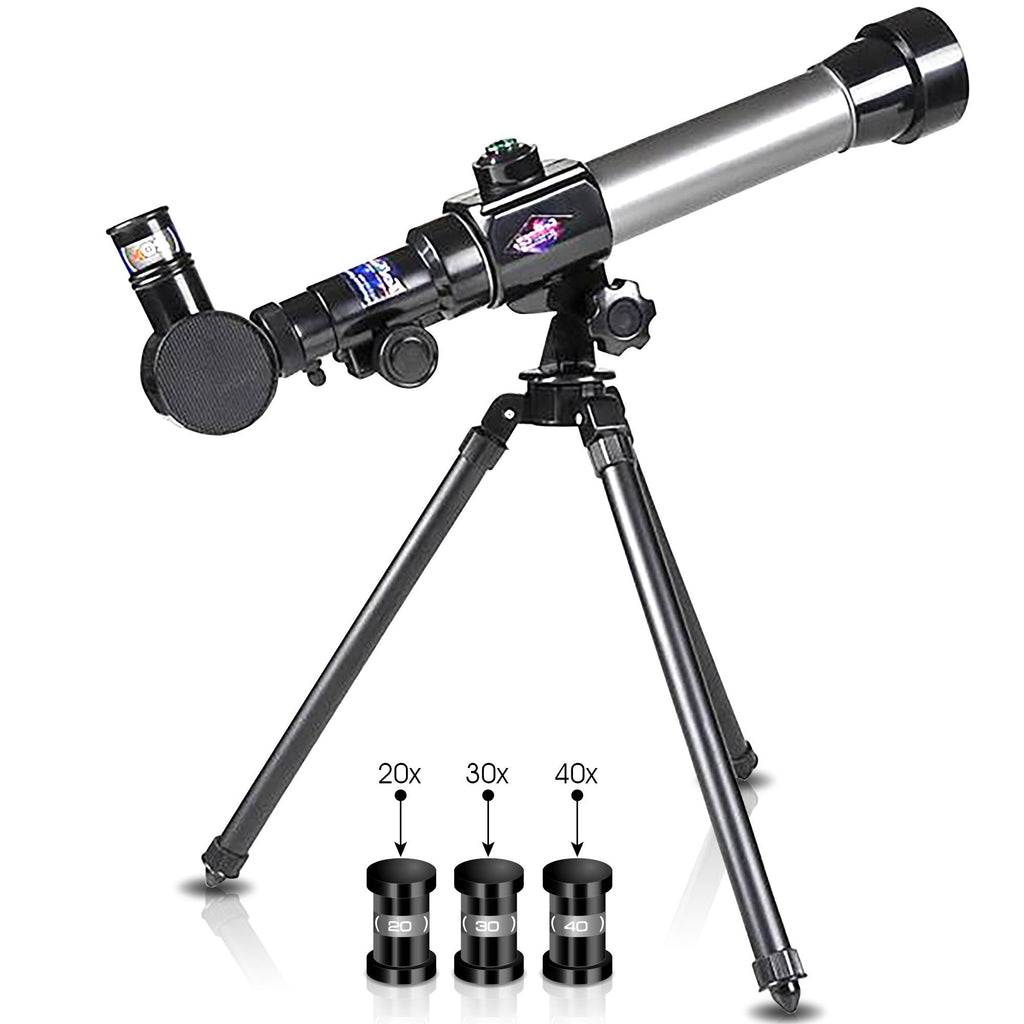 ArtCreativity children astronomical telescope set showcasing the three interchangeable magnification eyepieces and diagonal mirror accessory