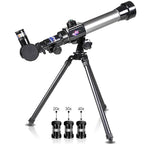 ArtCreativity children astronomical telescope set showcasing the three interchangeable magnification eyepieces and diagonal mirror accessory