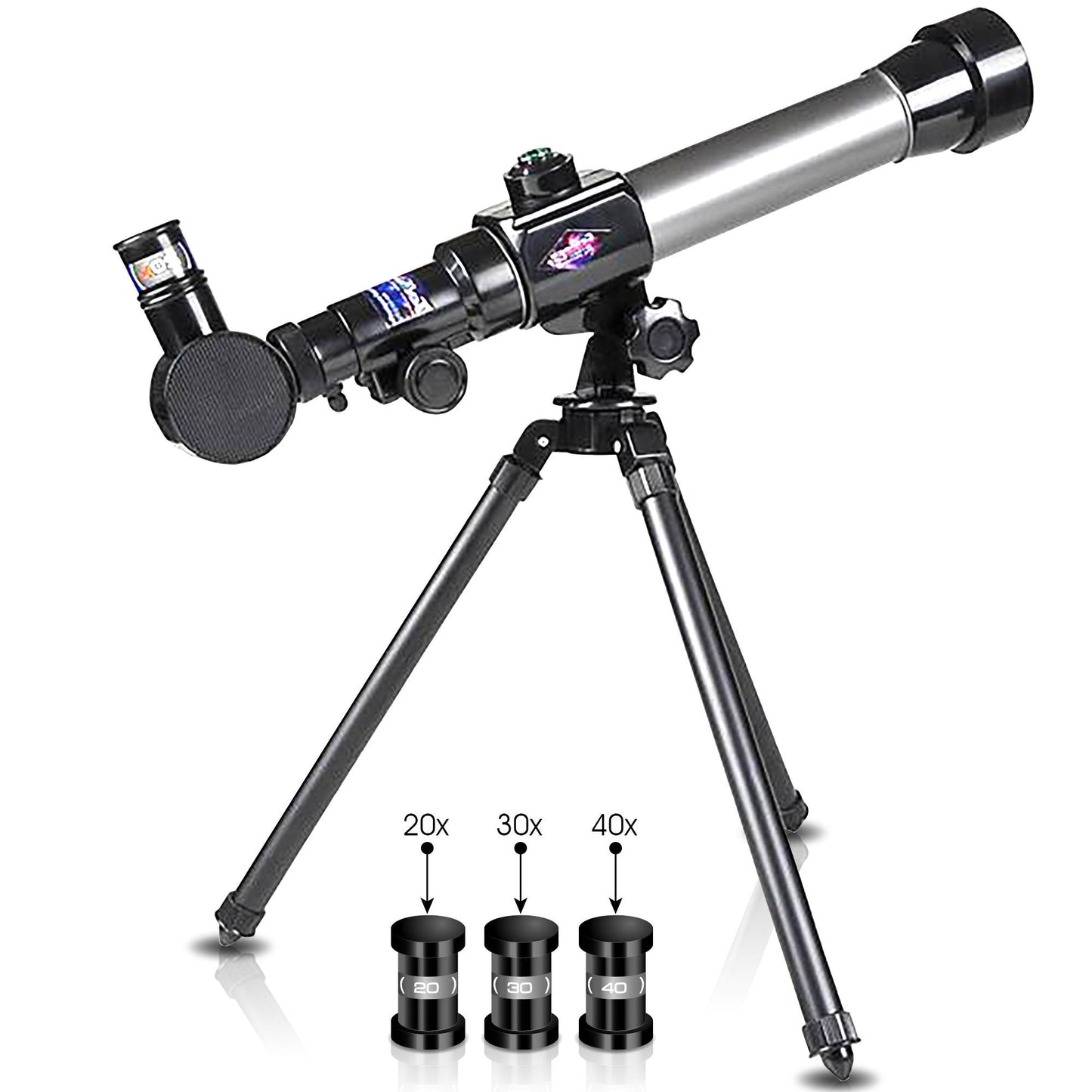 ArtCreativity children astronomical telescope set showcasing the three interchangeable magnification eyepieces and diagonal mirror accessory