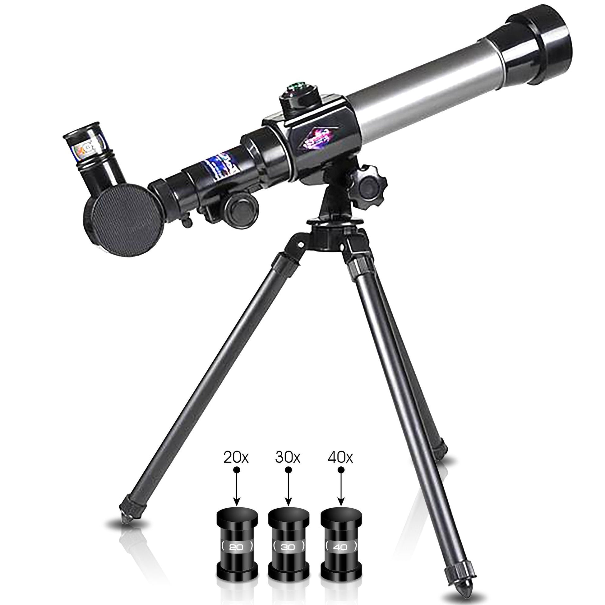 ArtCreativity children astronomical telescope set showcasing the three interchangeable magnification eyepieces and diagonal mirror accessory