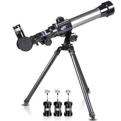 ArtCreativity children astronomical telescope set showcasing the three interchangeable magnification eyepieces and diagonal mirror accessory