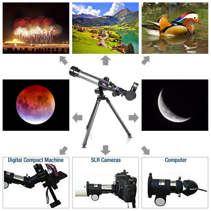 ArtCreativity beginner astronomy telescope package contents displaying the refracting body alongside the compact altazimuth mount stand