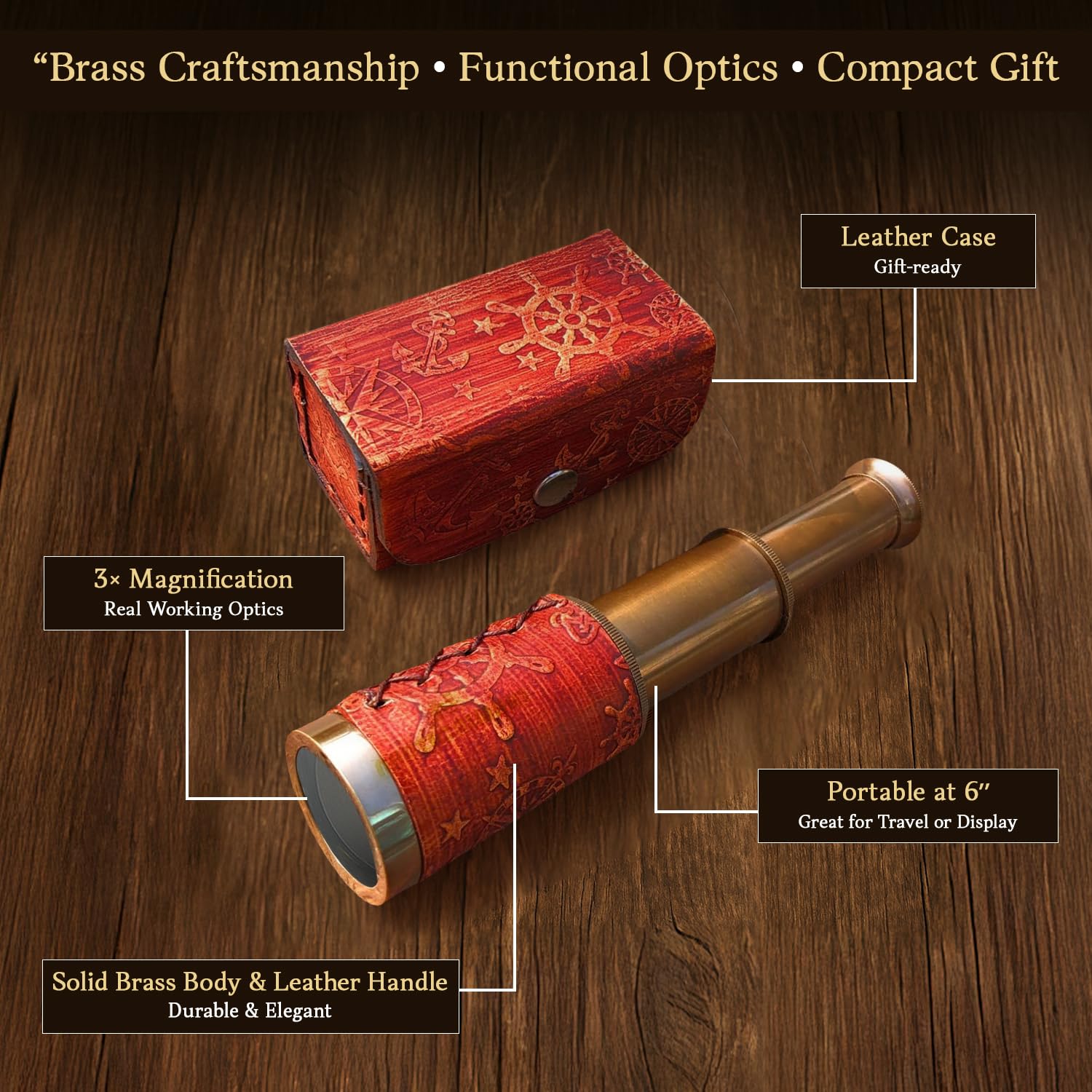 NauticalMart handheld brass telescope with leather handle wrapper
