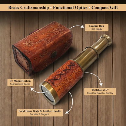 Artizanstore vintage pirate spyglass collapsed next to leather box