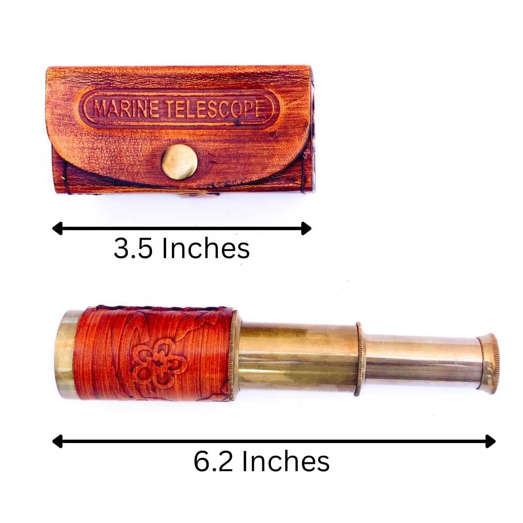 Close up view of the intricate embossed leather wrap on the solid brass nautical telescope body.