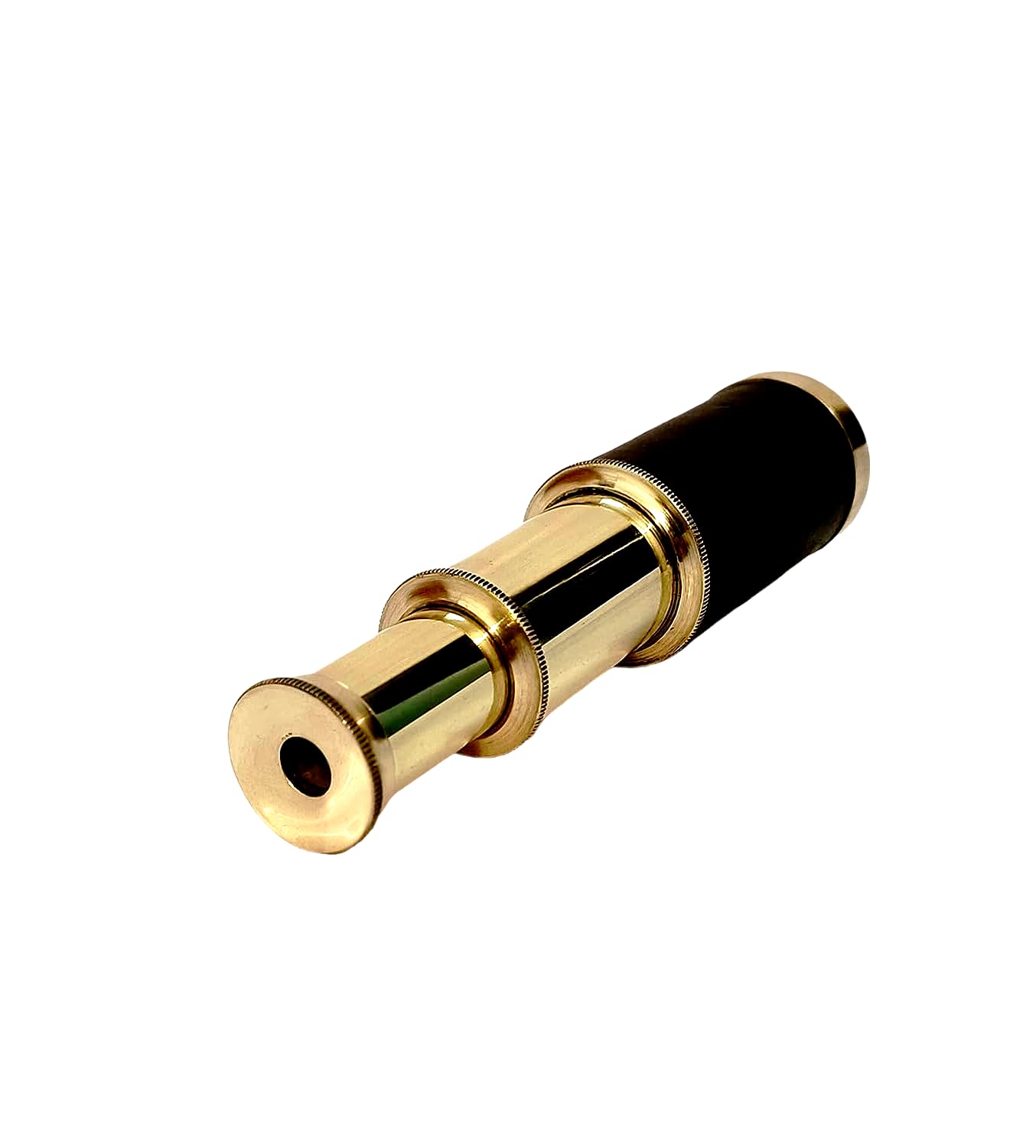 Six inch portable brass monocular completely collapsed for travel pocket storage