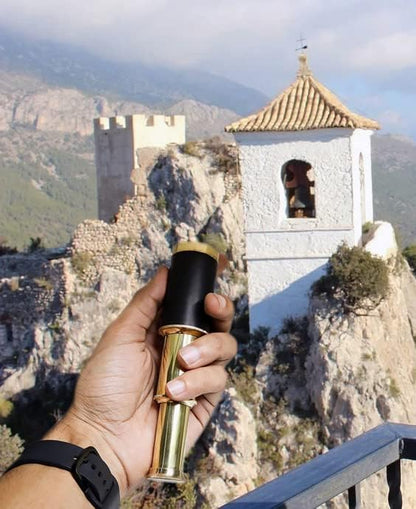 Premium glass optics eyepiece close up view on a classic adventure spyglass