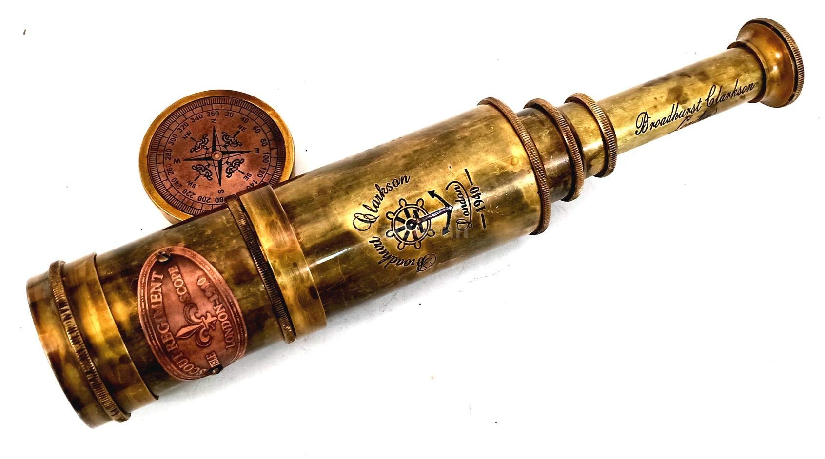 Genuine hand stitched leather storage case alongside the brass telescope
