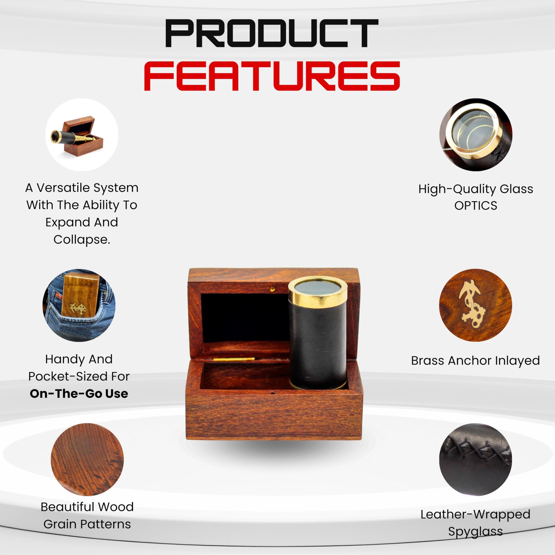 Premium rosewood storage case with handcrafted brass anchor inlay on top lid