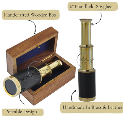 Collapsible six inch pirate navigation telescope fully retracted for compact storage inside its wooden case.