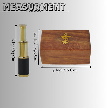 Close up view of the optical glass lens and the detailed craftsmanship of the brass pirate telescope.