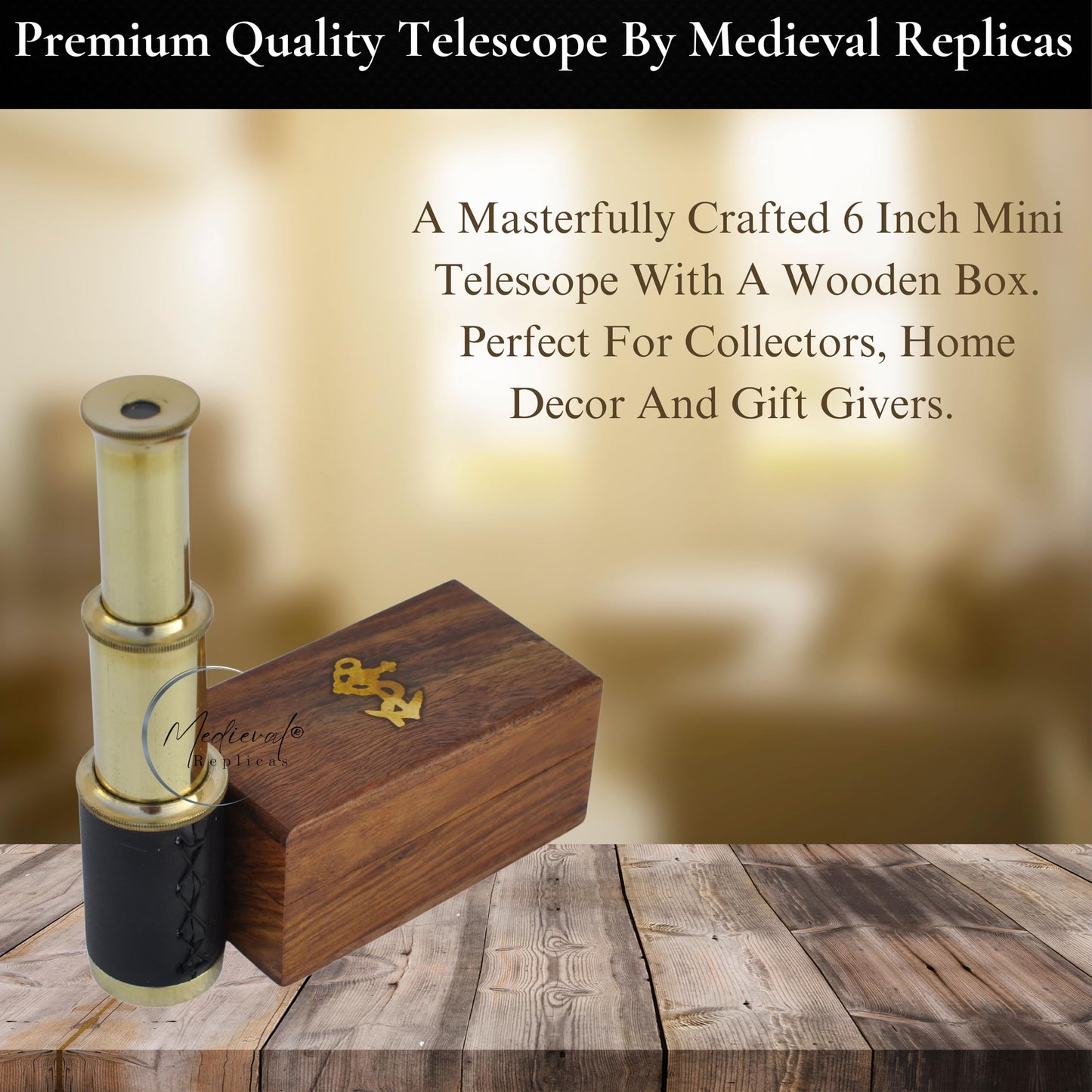 Side view of the authentic leather wrapped barrel of the premium brass handheld maritime collectible.