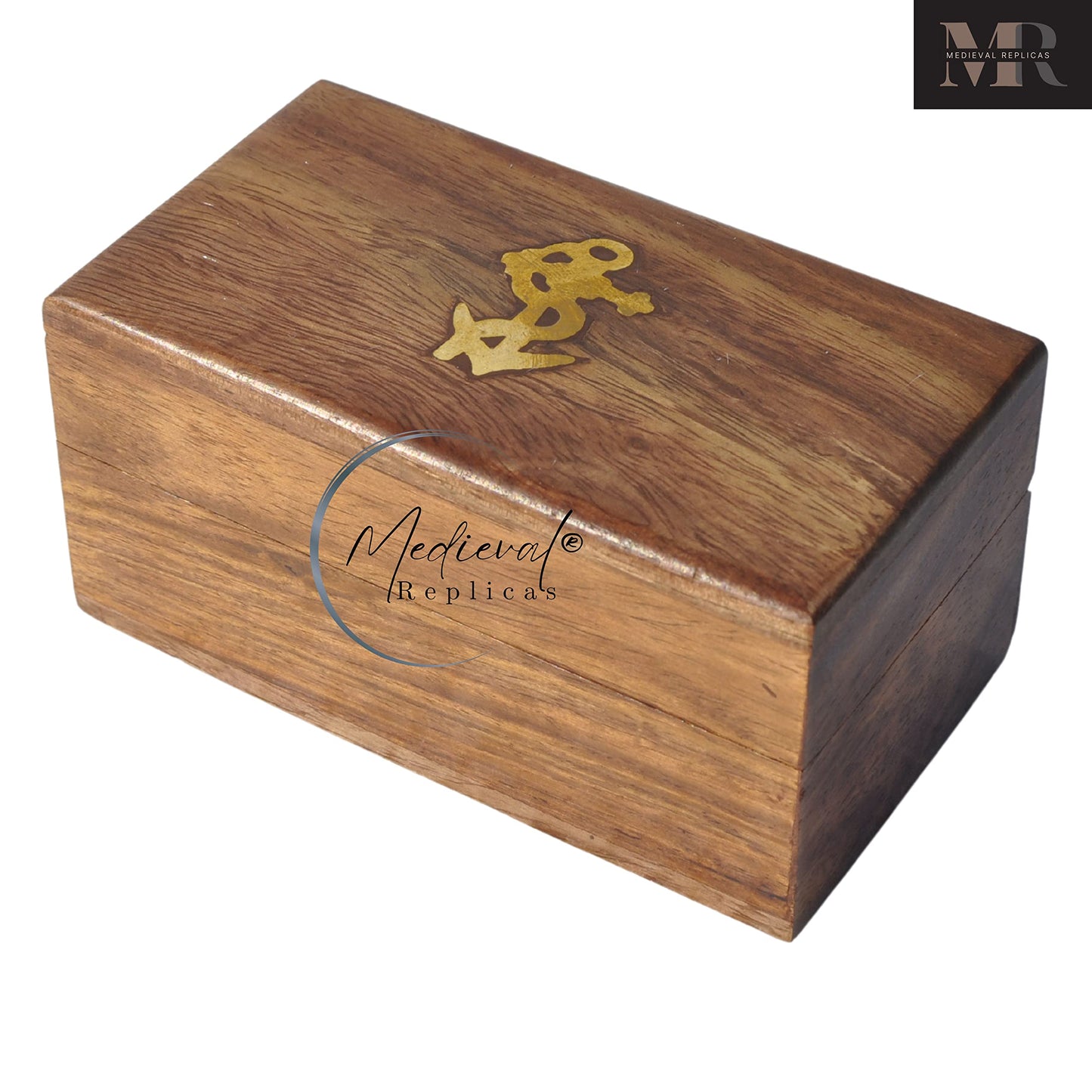 Secure wooden storage box with brass accents closed safely to protect the imported pocket navigation telescope.