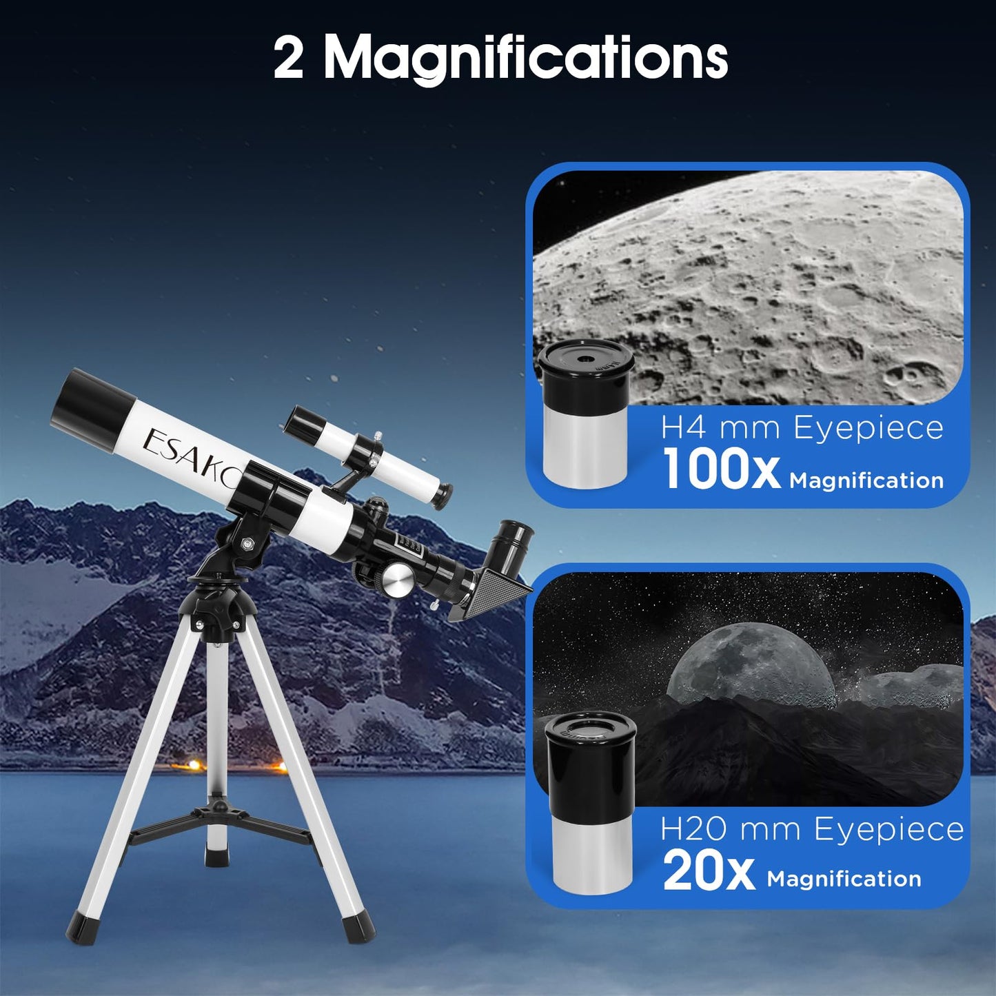 ESAKO kids refractor telescope with focus knobs and interchangeable eyepieces displayed clearly.