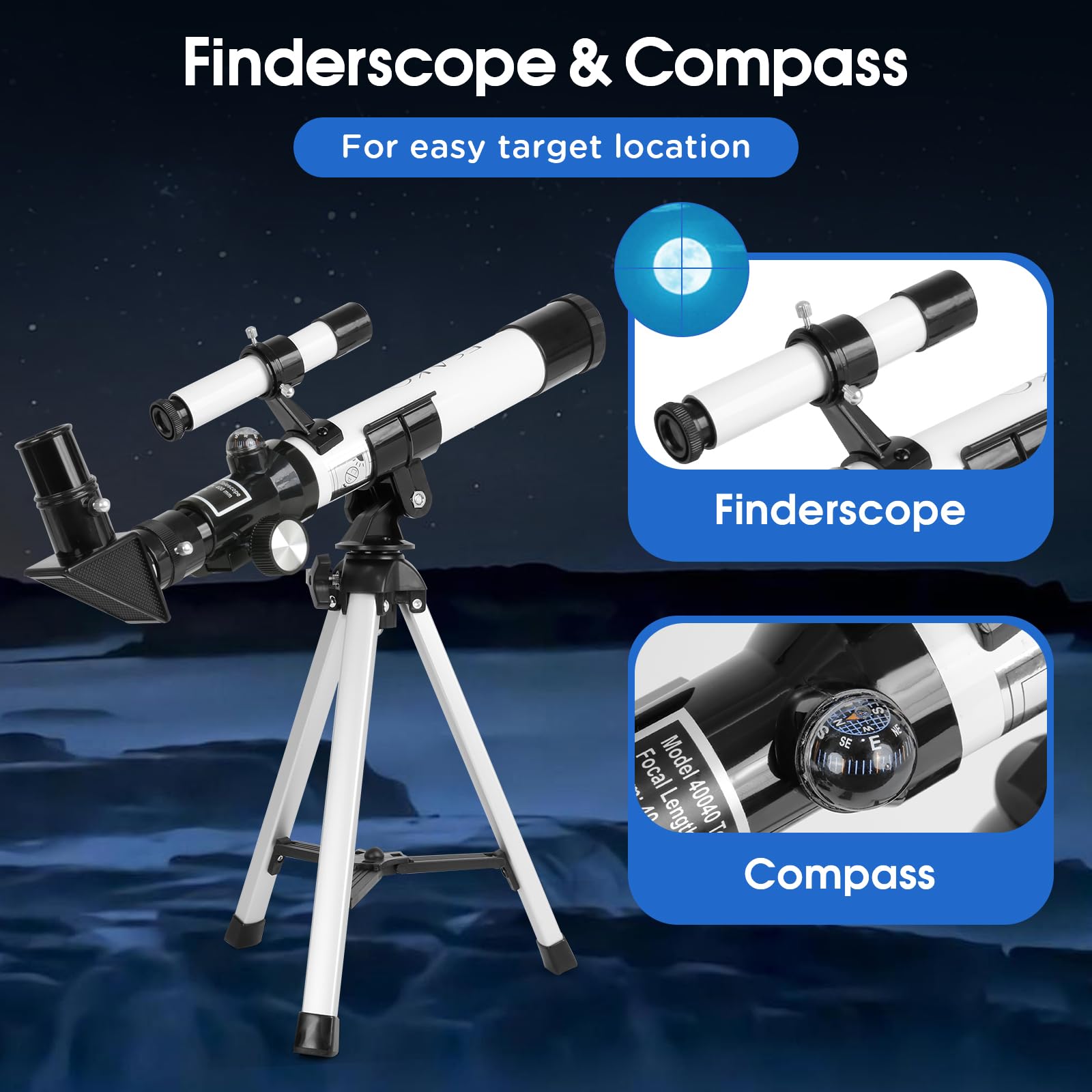 ESAKO 100x magnification telescope positioned on its sturdy aluminum tabletop tripod stand.