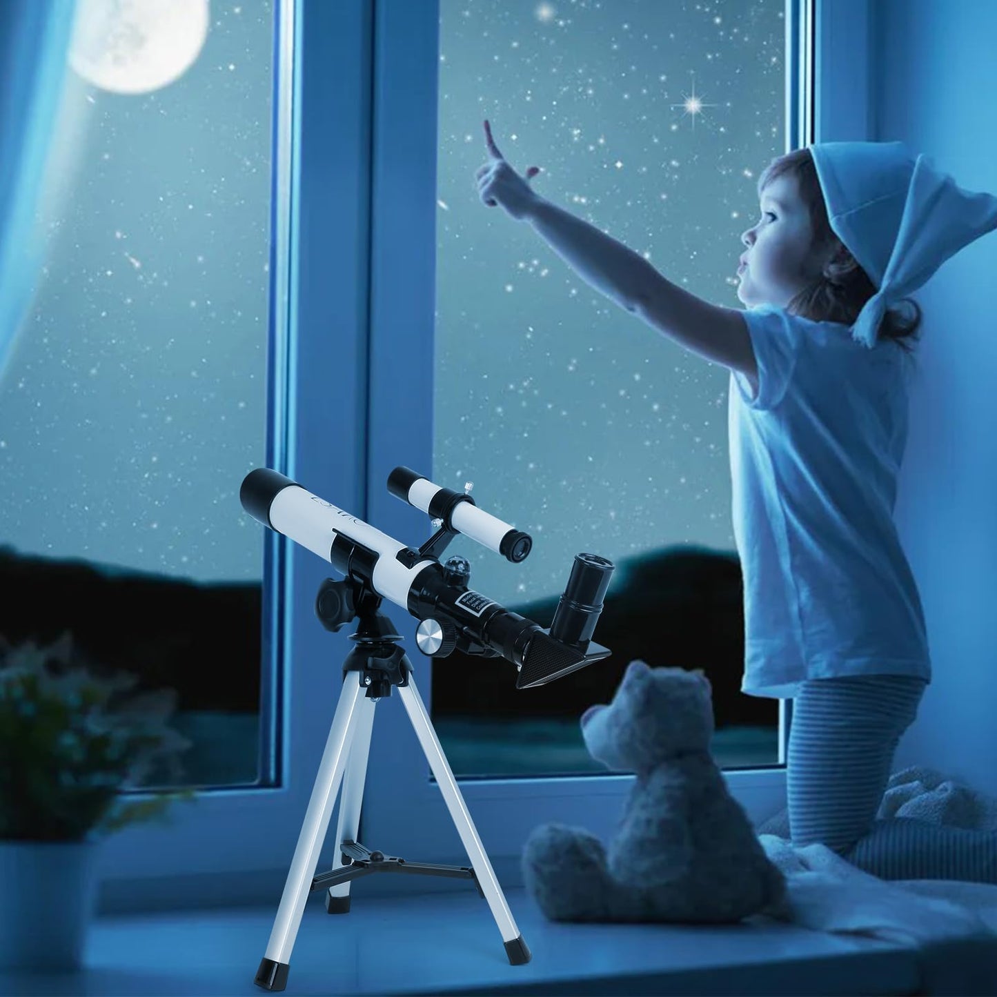 Complete retail packaging layout of the ESAKO beginner astronomy telescope for children.