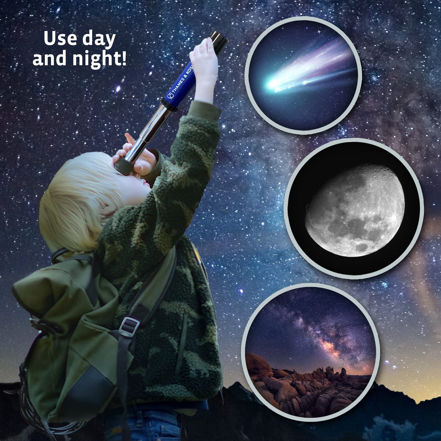 Thames & Kosmos My Discovery Telescope portable design extended for focusing.