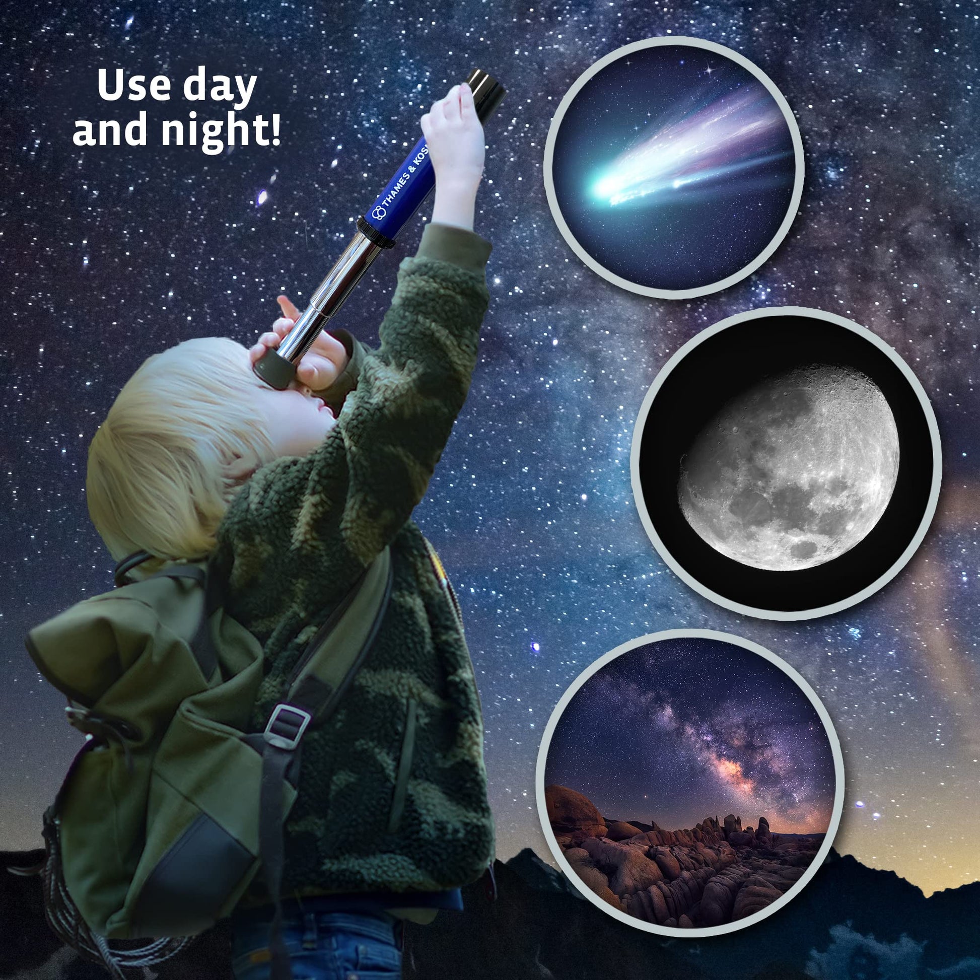 Thames & Kosmos My Discovery Telescope portable design extended for focusing.