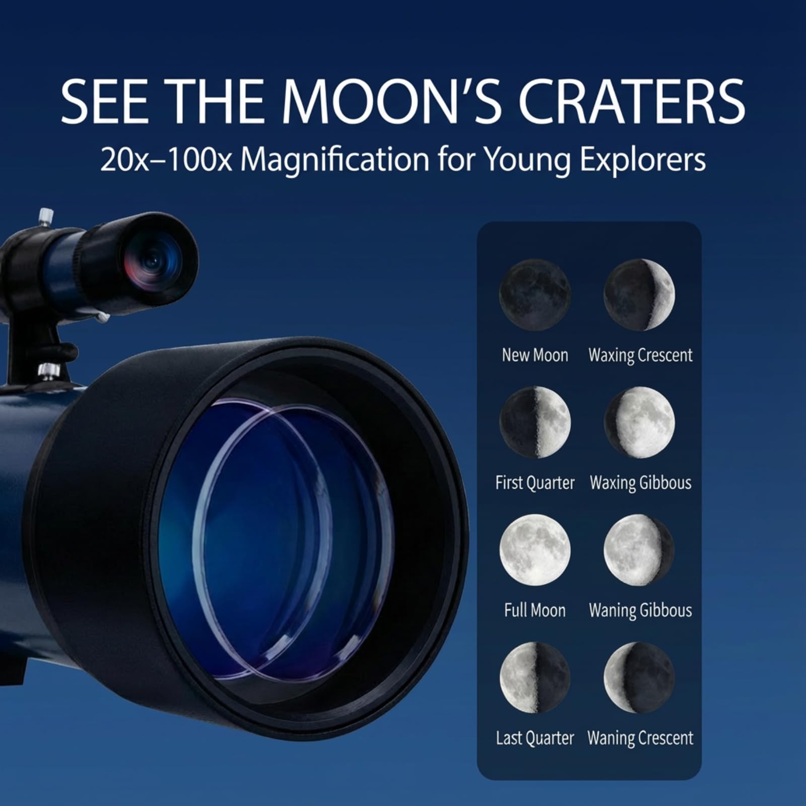 Sobrzy space telescope for boys and girls showing the interchangeable eyepieces and finder scope assembly.
