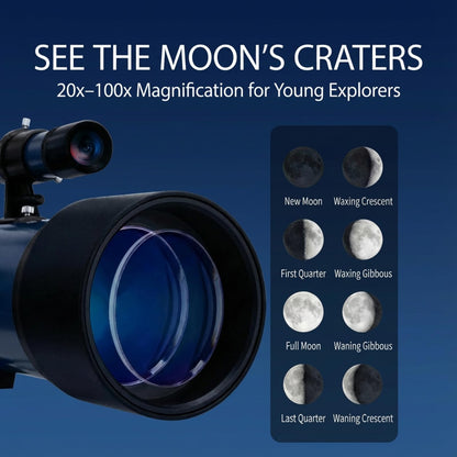 Sobrzy space telescope for boys and girls showing the interchangeable eyepieces and finder scope assembly.
