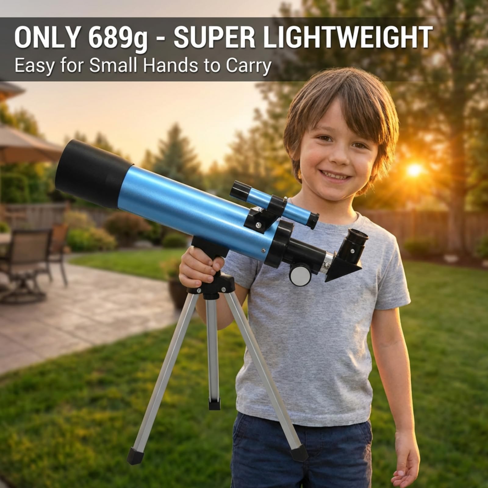 Sobrzy beginner refractor telescope packaged with its fifteen page moon observation manual and accessories.