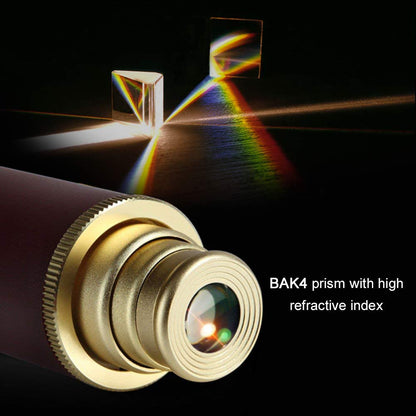 Aubric collapsible handheld monocular telescope shown contracted next to its premium protective brown leather carrying case.