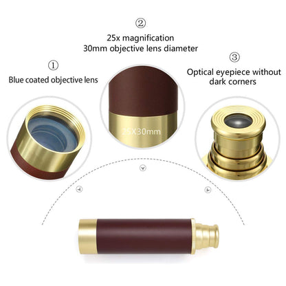 Aubric vintage brass spyglass telescope fully extended demonstrating the premium leather wrapped grip and objective lens.