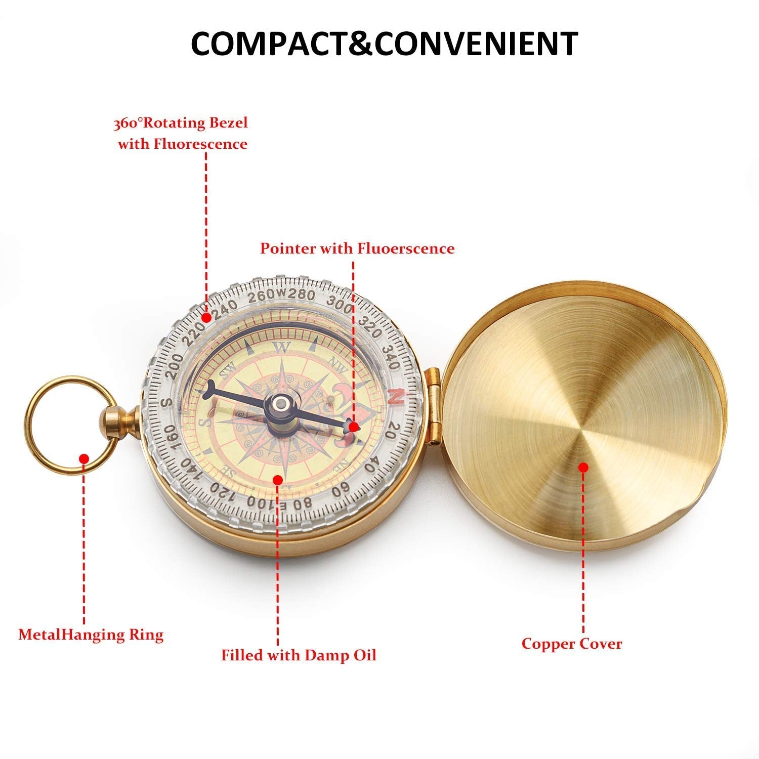 Aubric retro navigation combo set with the golden compass glowing in the dark to highlight its nighttime visibility.