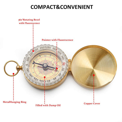 Aubric retro navigation combo set with the golden compass glowing in the dark to highlight its nighttime visibility.