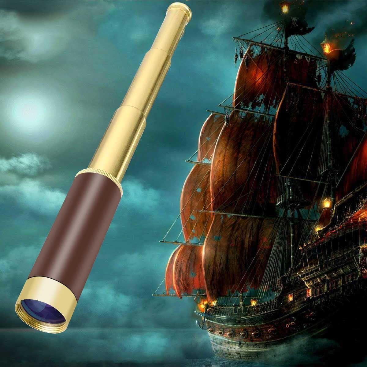 Aubric portable pirate spyglass showing the collapsible metal segments being adjusted for focal clarity.