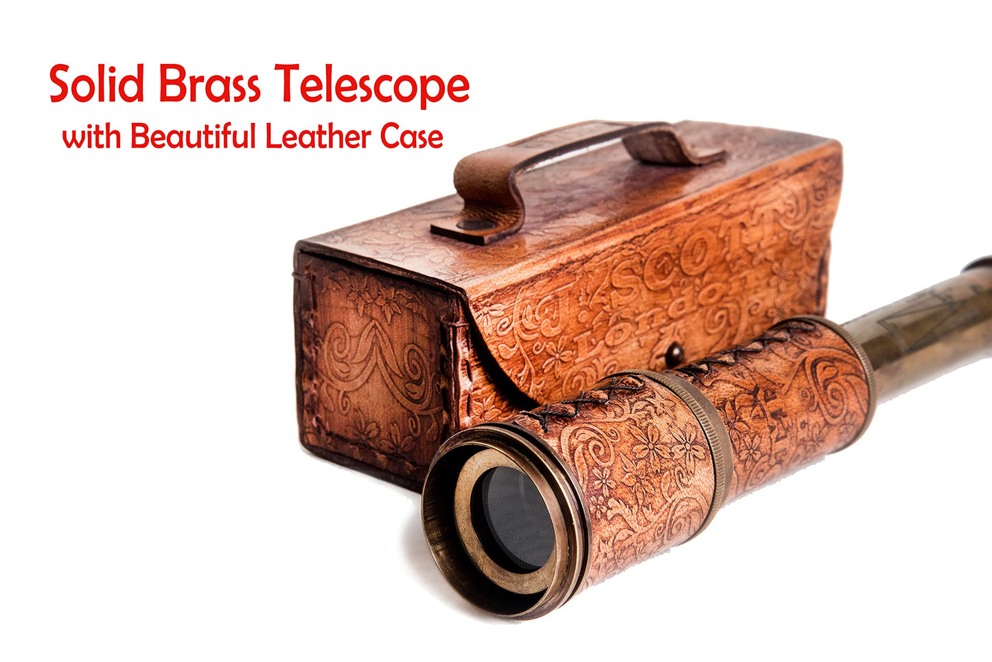 Collapsible maritime brass monocular resting next to its carved leather storage case