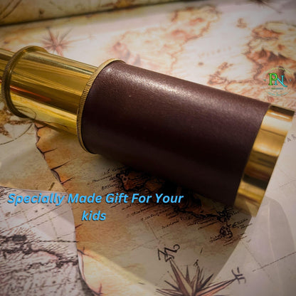 Handcrafted maritime antique spyglass eyepiece and objective lens close up view