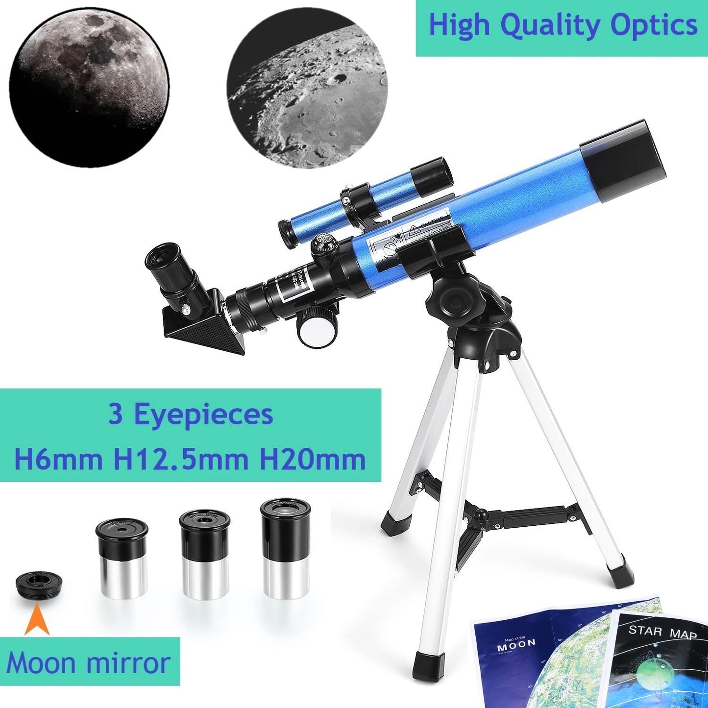Blue portable travel telescope with three interchangeable eyepieces and built-in compass