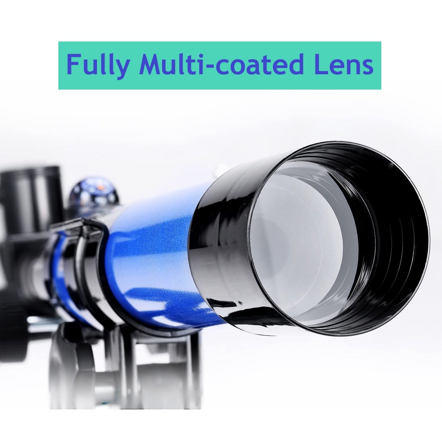 Educational science telescope for children showing the moon mirror attachment and focus knob