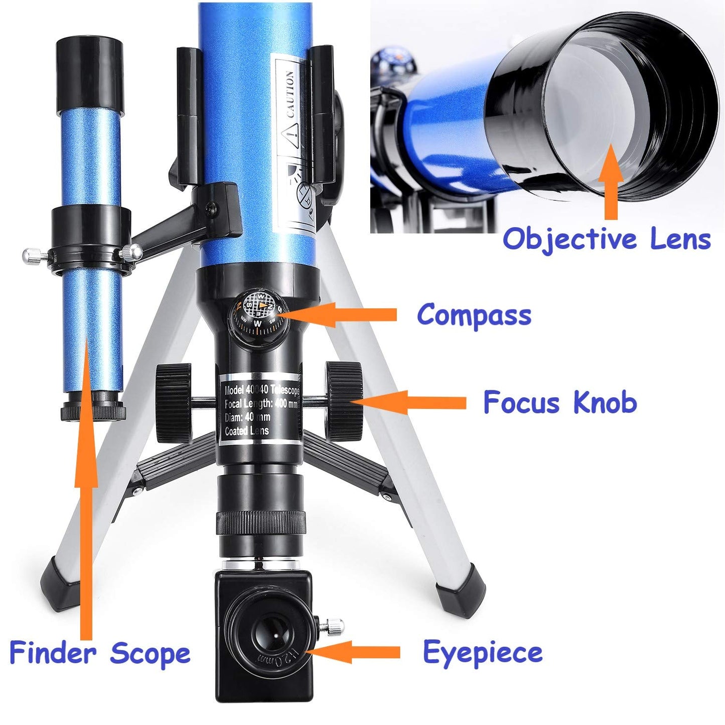 Close-up view of the forty millimeter aperture lens and five by eighteen finder scope setup