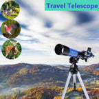 Side view of the lightweight beginner telescope mounted on its silver tabletop tripod