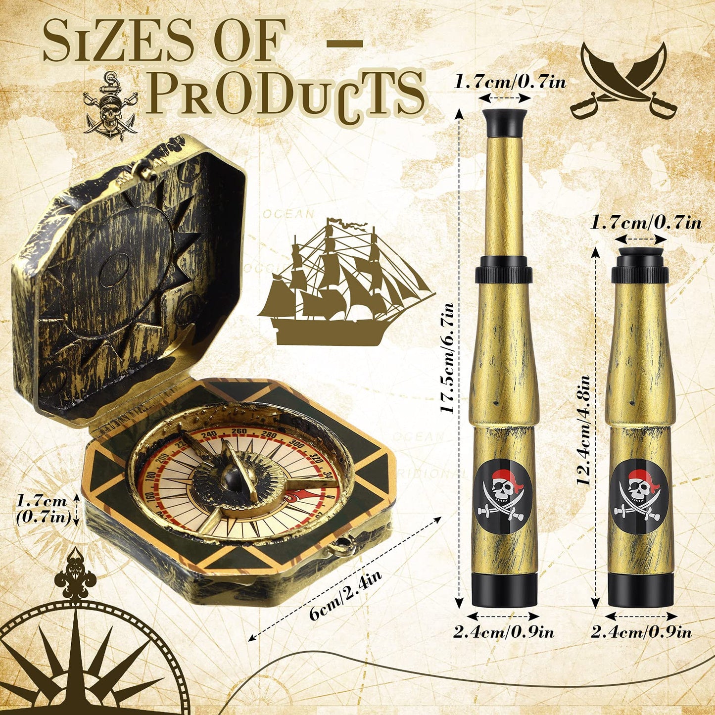 Gejoy two pieces pirate costume props with extended toy telescope and open hinged lid compass