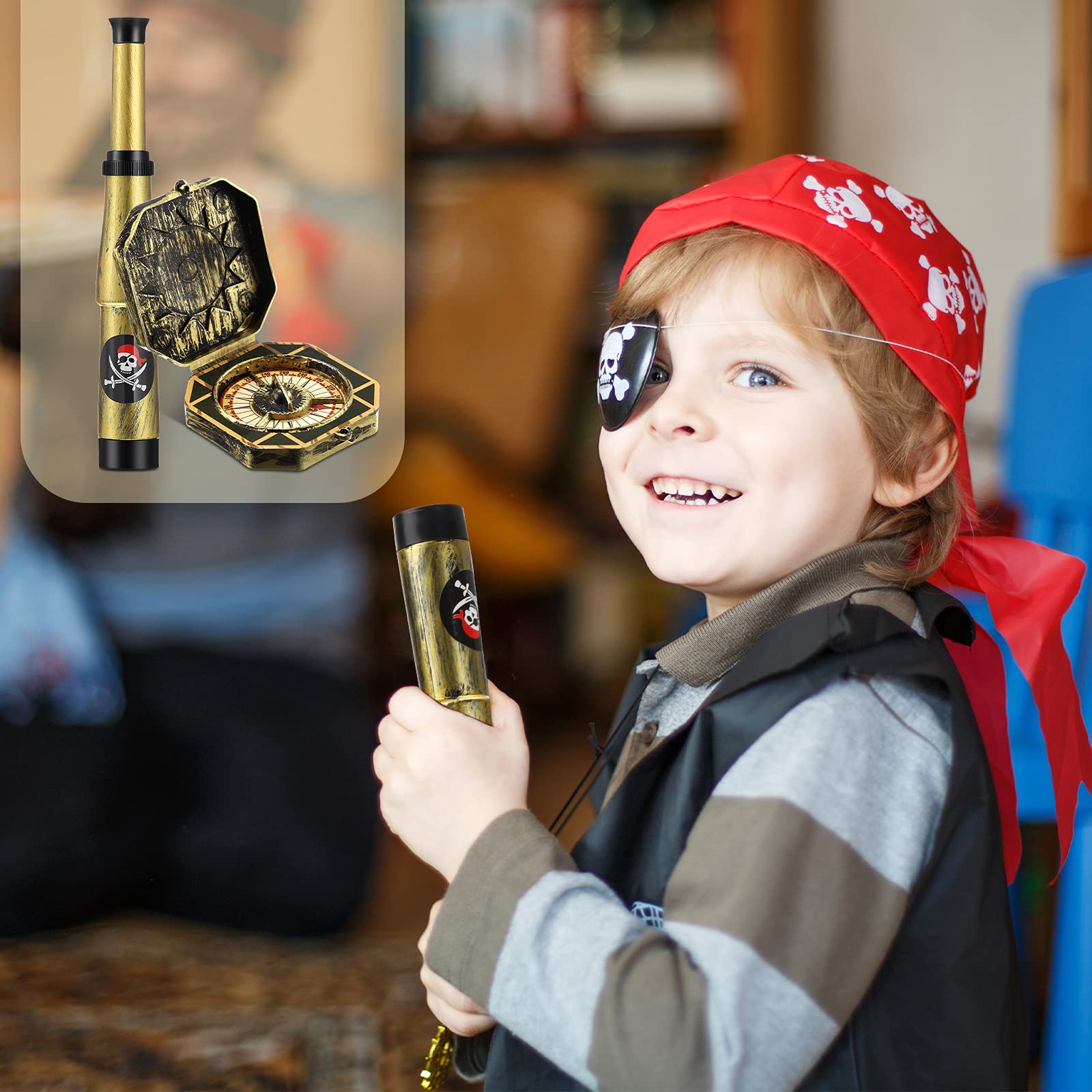 Gejoy Halloween cosplay pirate spyglass and compass set showing durable lightweight plastic construction closeup