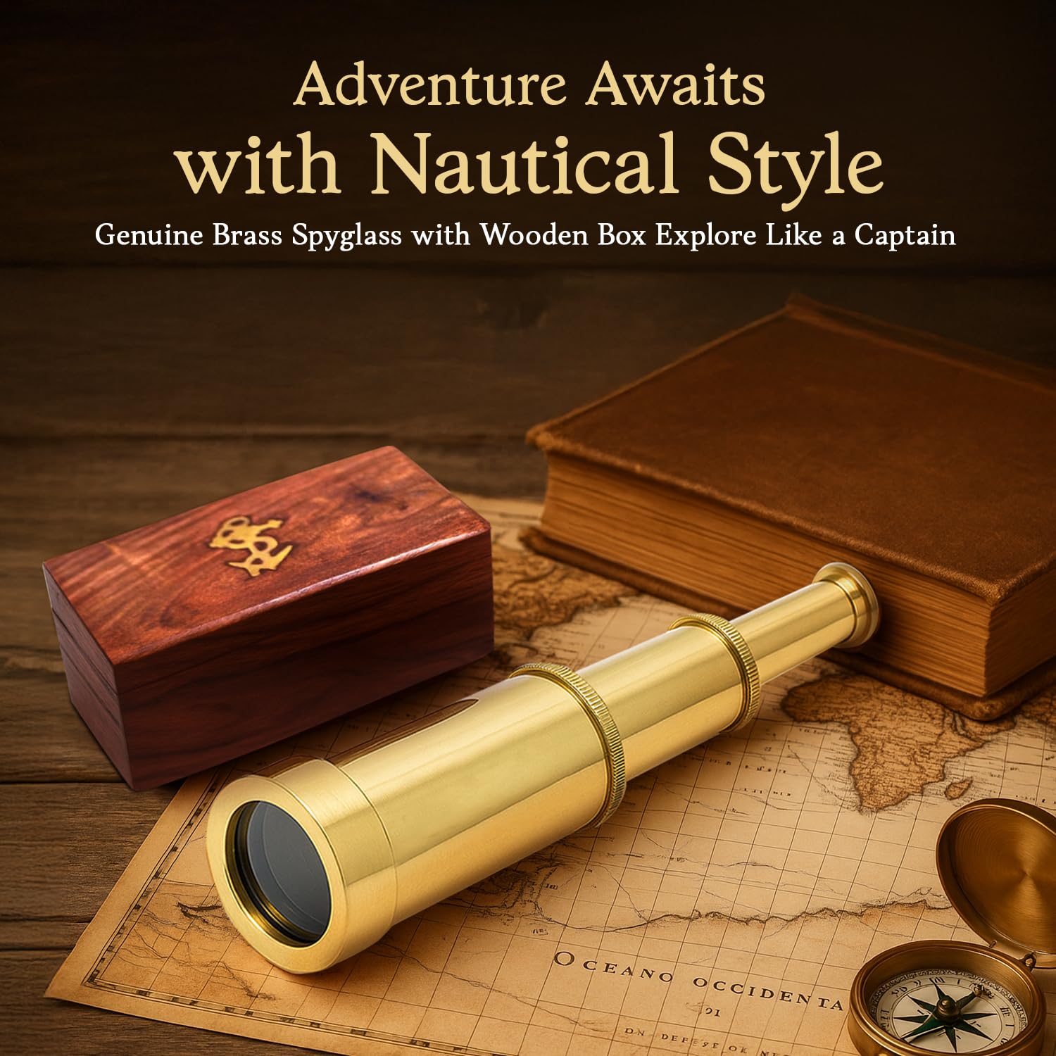 NauticalMart handheld mini spyglass fully extended to six inches on a desk.