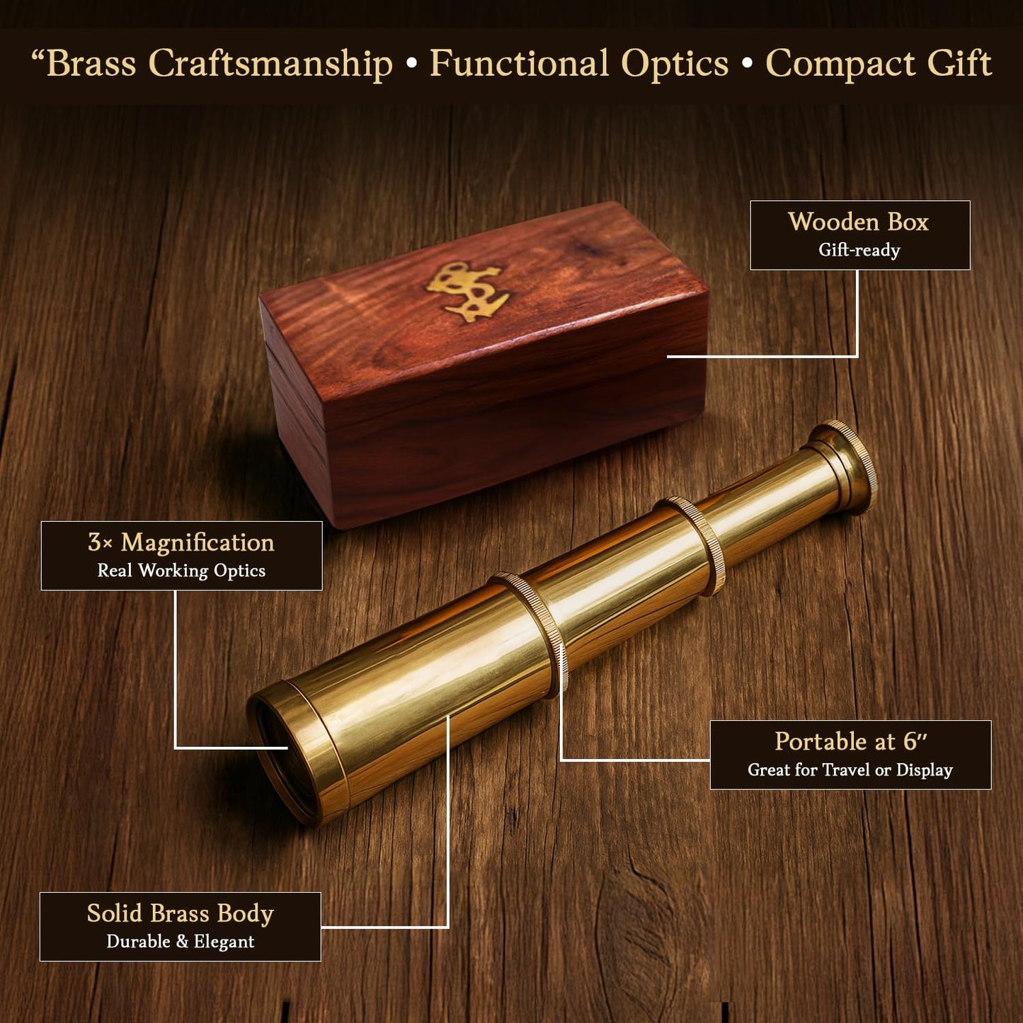 Vintage brass pirate telescope collapsed next to its closed wooden storage case.