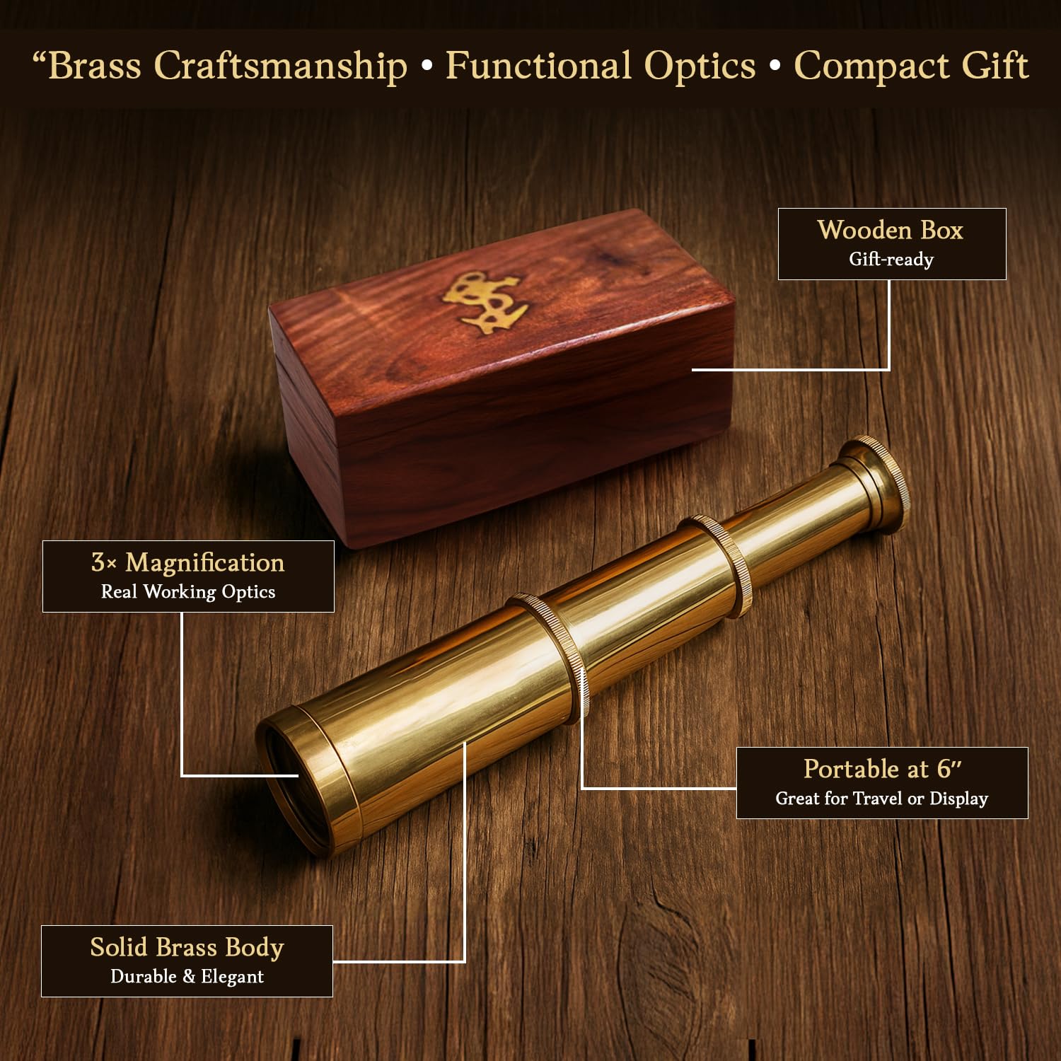 Vintage brass pirate telescope collapsed next to its closed wooden storage case.