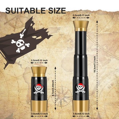Two miniature collapsible pirate captain monocular spyglasses extended on a white background.