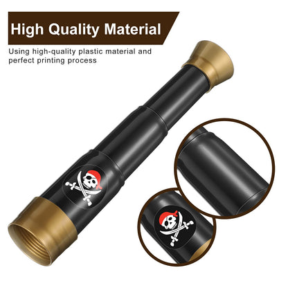 Retro plastic telescope toy for kids showcasing the printed Jolly Roger pirate emblem.