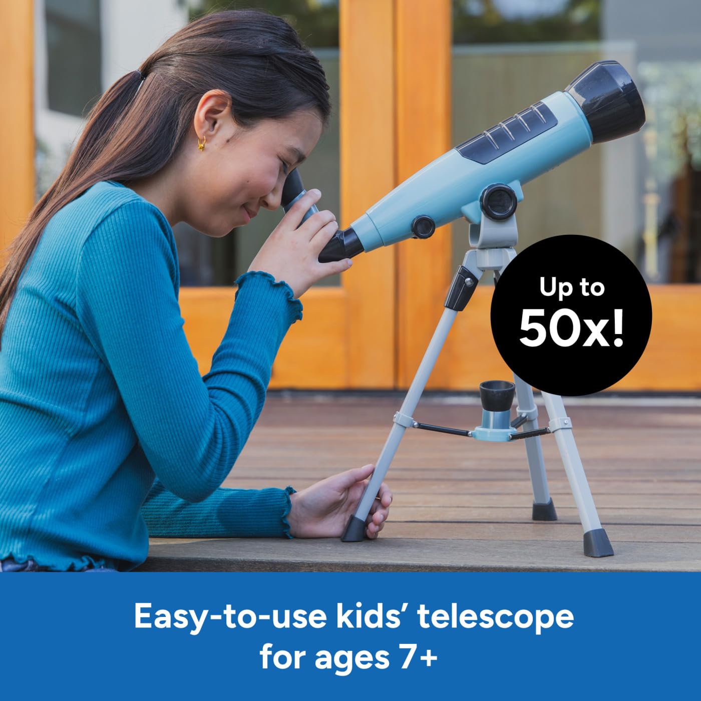 Educational Insights kids telescope with blue tube assembly and manual focus knobs