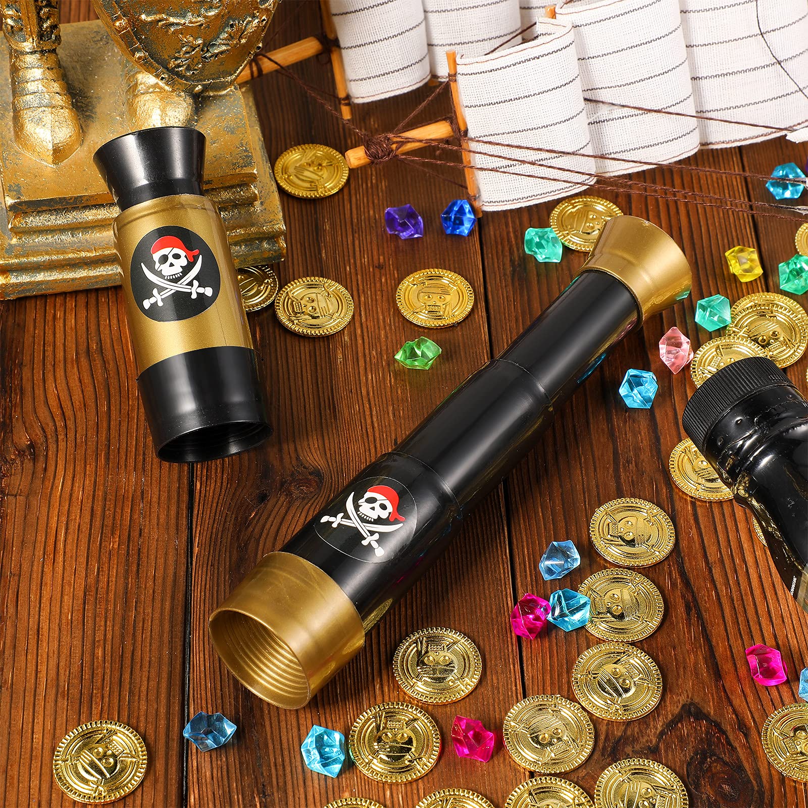 Bronze and black retro pirate spyglass toys designed as party favors for children.