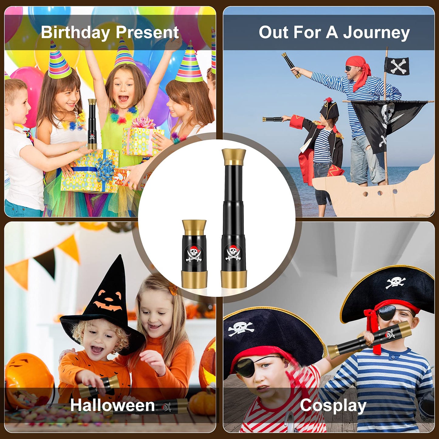 Gejoy mini pirate monocular toys arranged together to demonstrate the two color options.