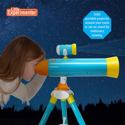 Little Experimenter 2 in 1 STEM toy projecting space images onto a bedroom wall