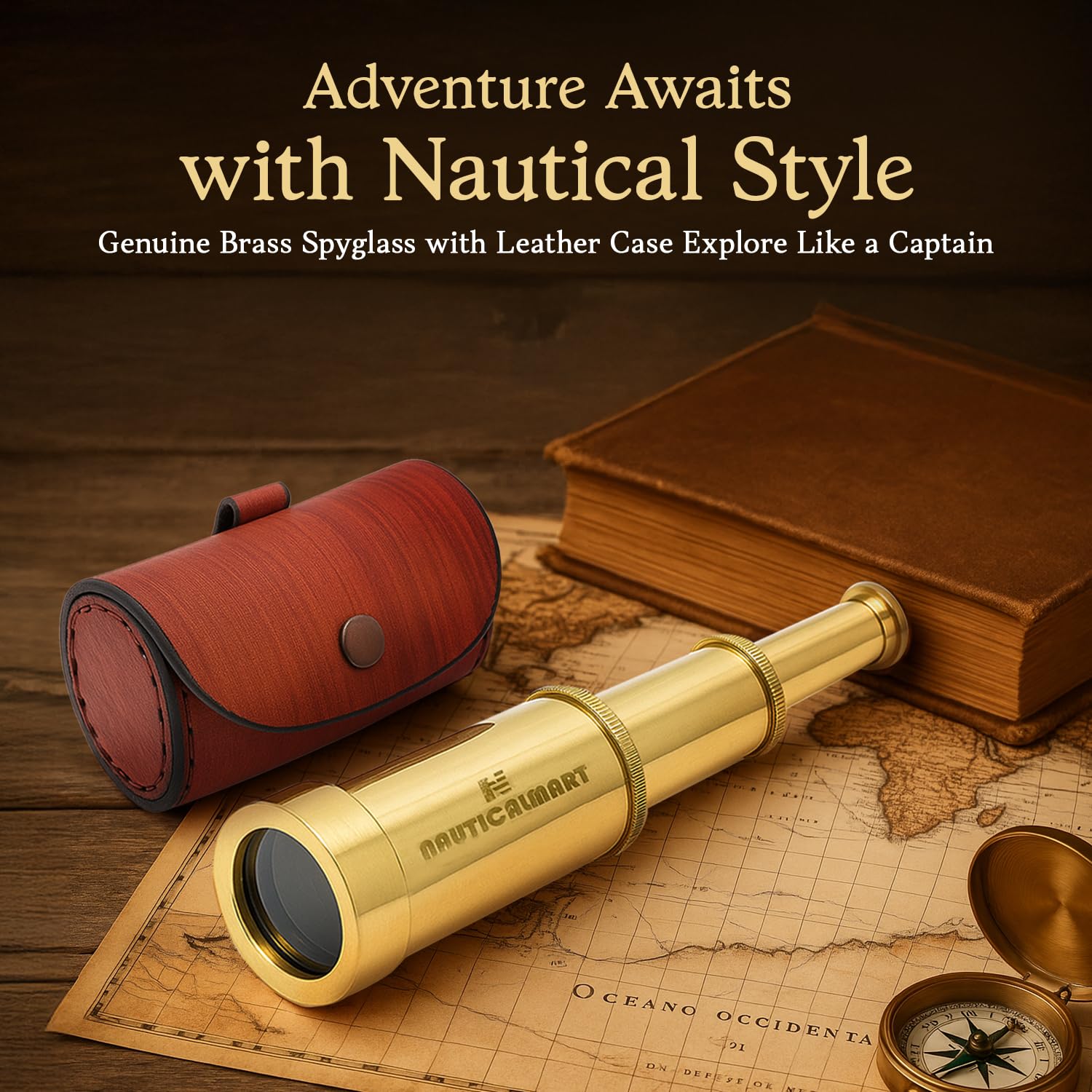 NauticalMart pirate spy glass monocular resting next to its open wooden storage box