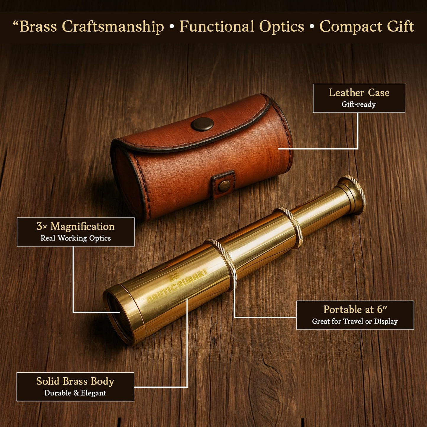 Vintage six inch brass handheld telescope collapsed into its compact storage form