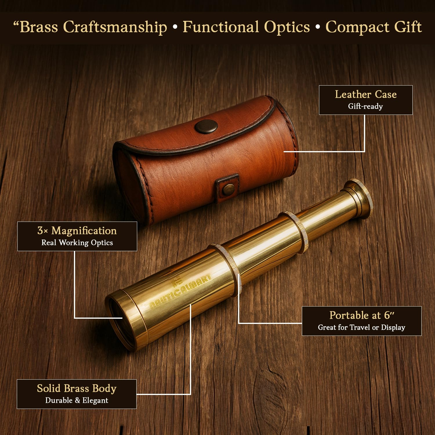 Vintage six inch brass handheld telescope collapsed into its compact storage form
